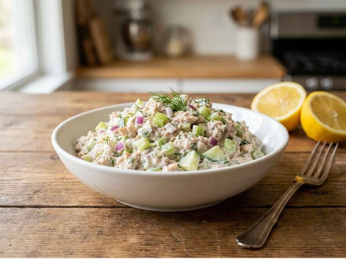 No-mayo tuna salad made with Greek yogurt, celery, red onion, lemon juice, and fresh dill — served in a bowl with crackers