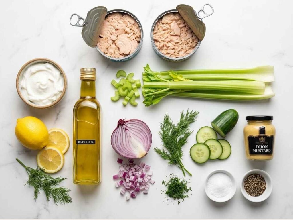 No-mayo tuna salad made with Greek yogurt, celery, red onion, lemon juice, and fresh dill — served in a bowl with crackers