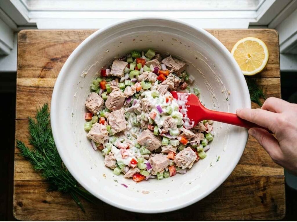 No-mayo tuna salad made with Greek yogurt, celery, red onion, lemon juice, and fresh dill — served in a bowl with crackers