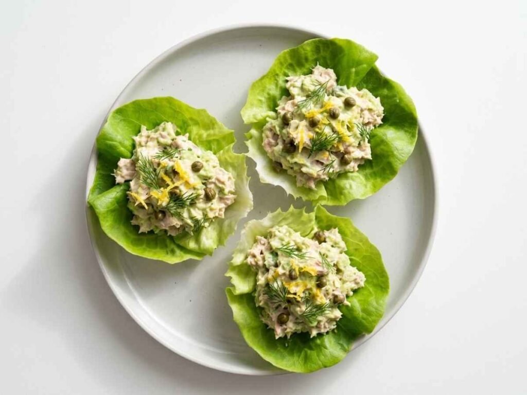 No-mayo tuna salad made with Greek yogurt, celery, red onion, lemon juice, and fresh dill — served in a bowl with crackers
