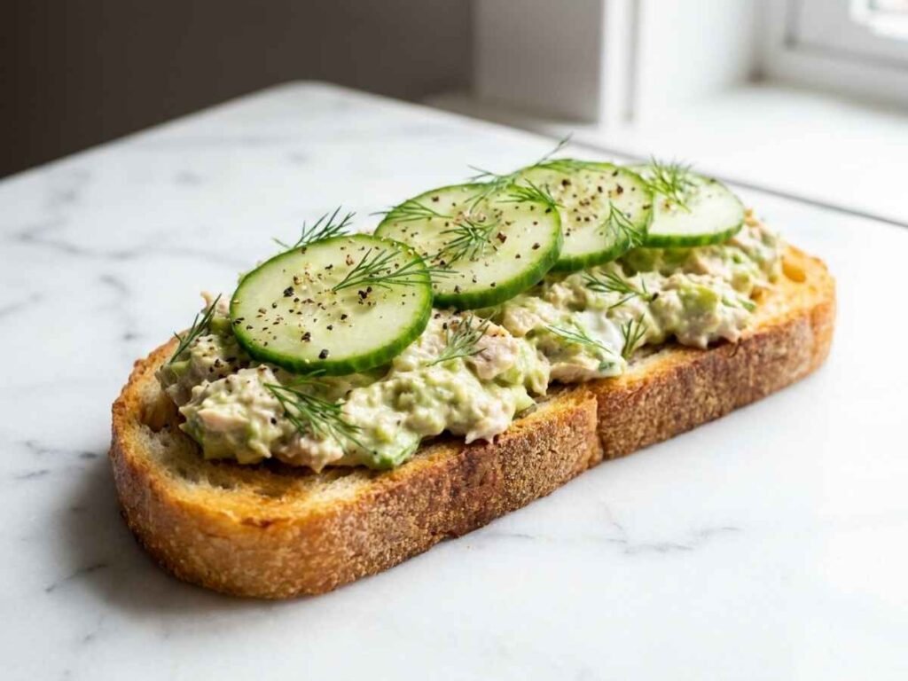 No-mayo tuna salad made with Greek yogurt, celery, red onion, lemon juice, and fresh dill — served in a bowl with crackers